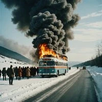 Burning Bus on a Winter Road